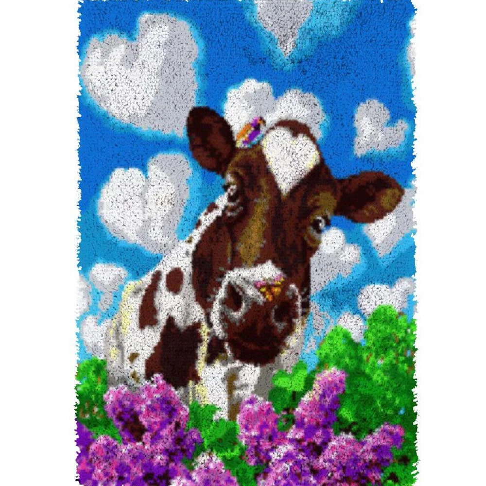 Latch hook rug with Pre-Printed Pattern Cows DIY Carpet embroidery Knotted carpet kit Home decoration Tapestry Rug making kit