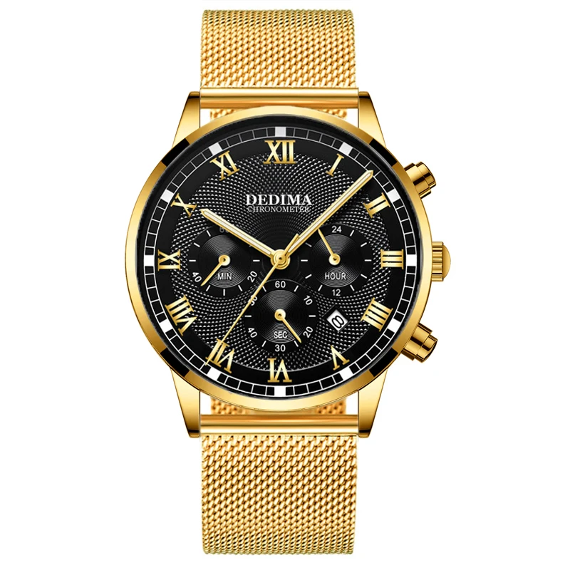 

High-end fashion roman numeral men's stainless steel mesh strap watch three-eye six-pin multi-function sports luminous watch