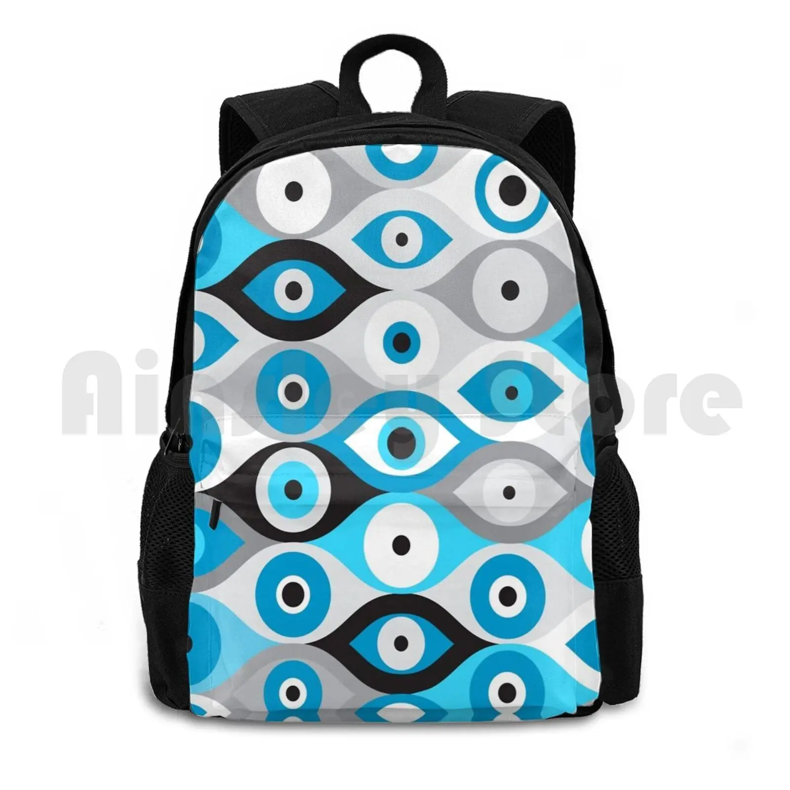 Grieks boze oogpatroon Blues en grays Outdoor wandelrugzak Waterdicht Kamperen Reizen Grieks Mati Mati Mataki Matiasma Grieks
