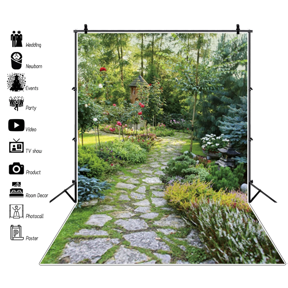 Laeacco Brick House Flowers Yard Arch Gate Photography Backgrounds Vinyl Custom Camera Photographic Backdrops For Photo Studio