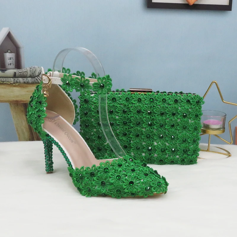 

Green Lace Flower Pointed Toe High Heel Women's Sandals Ladies Party Dress Shoes And Bag Bride Wedding Shoe Ankle Strap Pumps