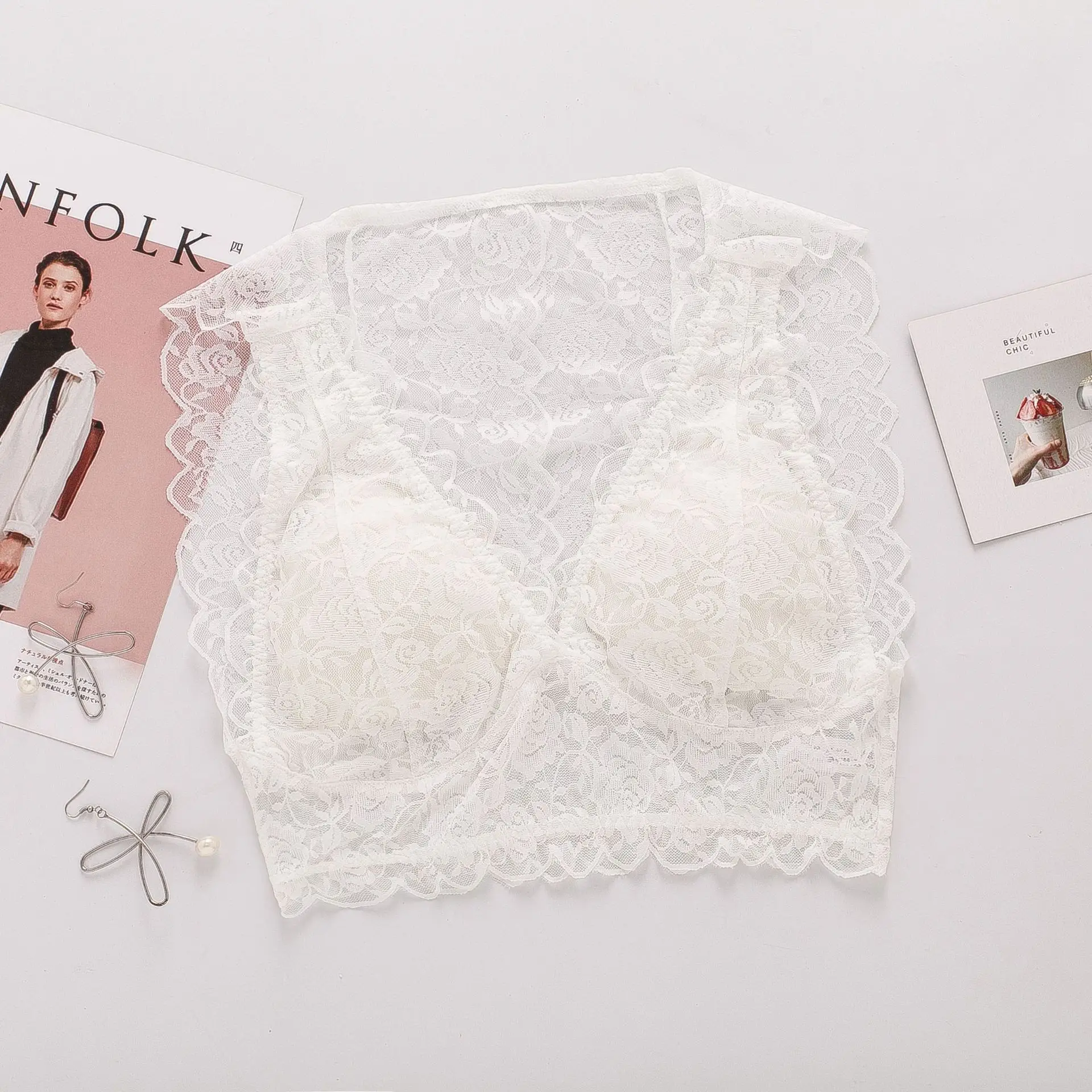 Birdsky, 2PC Women silk vest bra brassiere tube top breast top padded sexy lace wrapping suspender wire rimless. OR-71