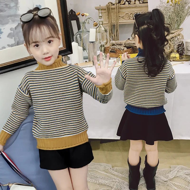 

Girls Knitted Turtleneck Sweater Fall Winter Children's Fashion Striped Knitwear Clothes Kids Casual Cartoon Deer Pullovers B243