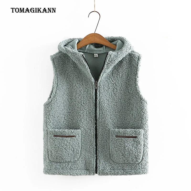 Fleece Hooded Vest Women Solid Pockets Zipper Sleeveless Warm Coat Autumn Winter Casual Female Plus Size Waistcoat