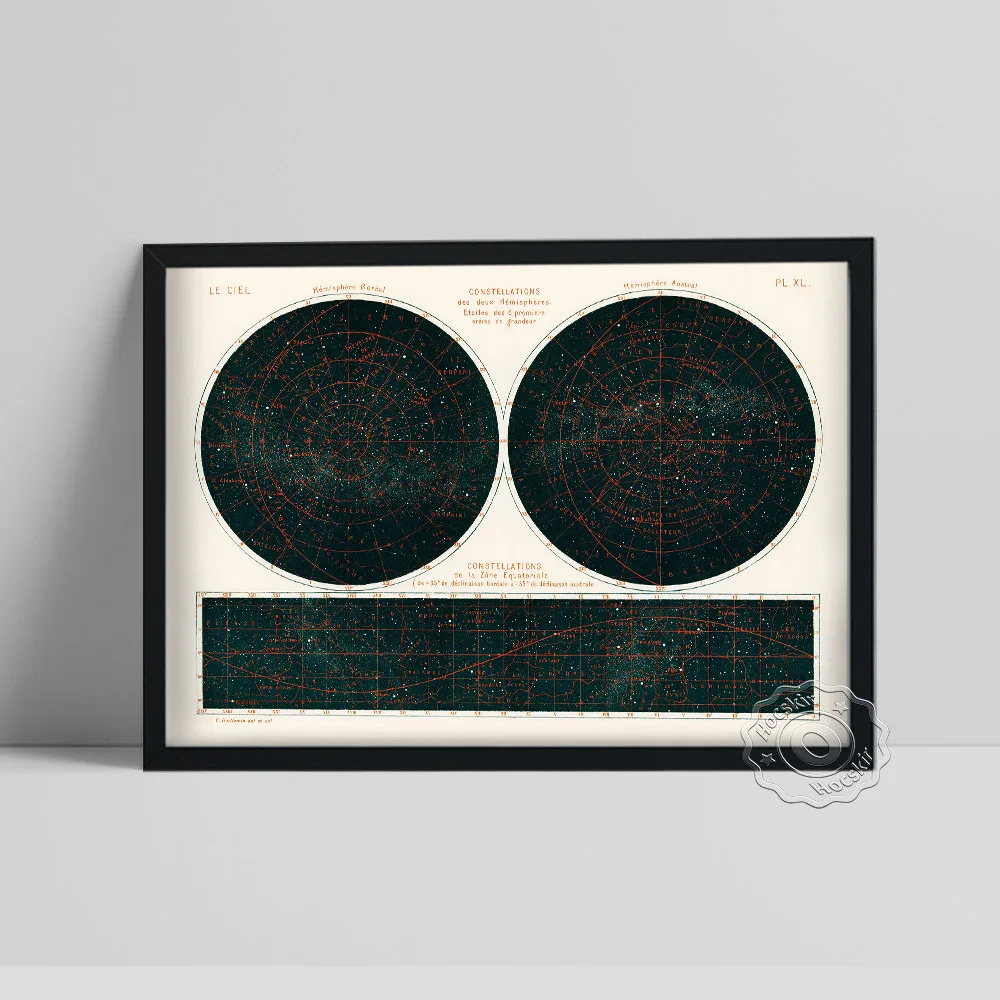 Vintage Constellations World Hemisphere Poster, Star Map Background Art Prints, Astronomy Minimalist Canvas Painting Home Decor