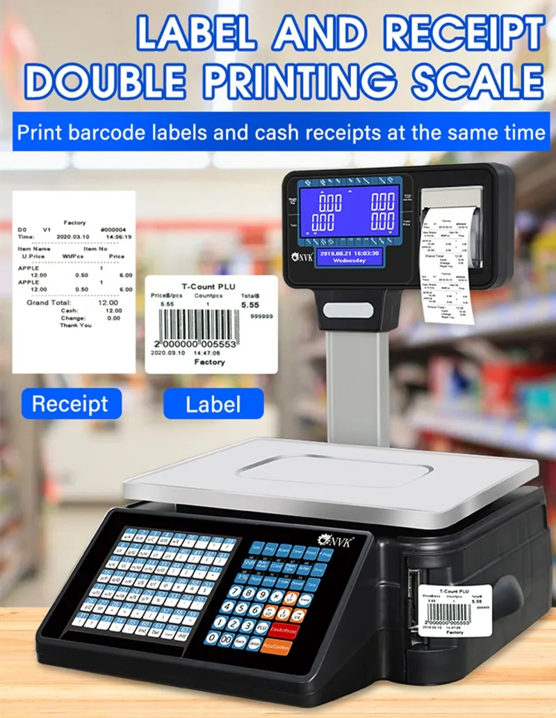 Barcode Label Printing Scale com Wi-fi o Mais Recente Duplo Suporte Recibo Escala para Supermercado 30kg