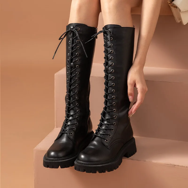 BeauToday Long Boots Women Cow Leather Round Toe Metal Eyelets Knight Boots Side Zip Cross Tied  Lady Knee High Shoes 01529