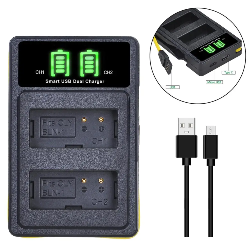 

PS BLN-1 PS-BLN1 Bateria LED Dual USB Charger with Type C Port for Olympus OM-D E-M1 E-M5 Mark II PEN-F E-P5 EM1 EM5 PENF EP5