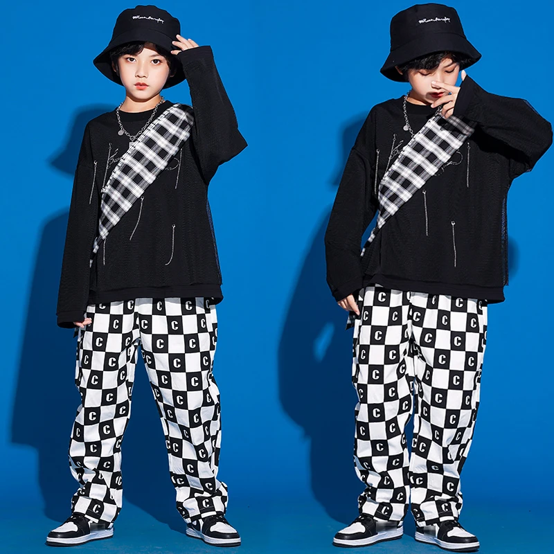 

Hip Hop Clothes Kids Street Dancewear Performance Costume Fashion Clothes Dancer Outfit Plaid Cargo Pants Black Hoodie JL3814