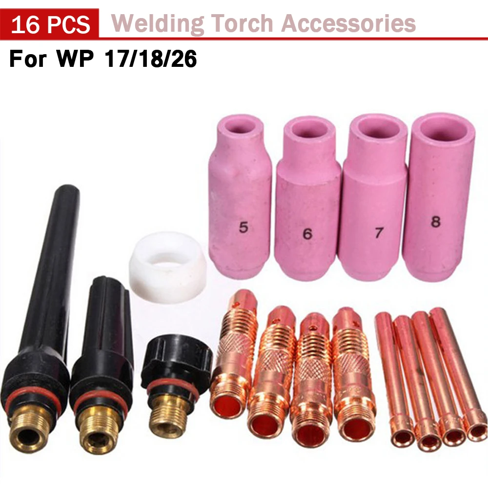 

16Pcs TIG Welding Torch Alumina Ceramic Cups Collet Bodies Back Cap for WP17 WP18 WP26 TIG Welding Consumables Accessories