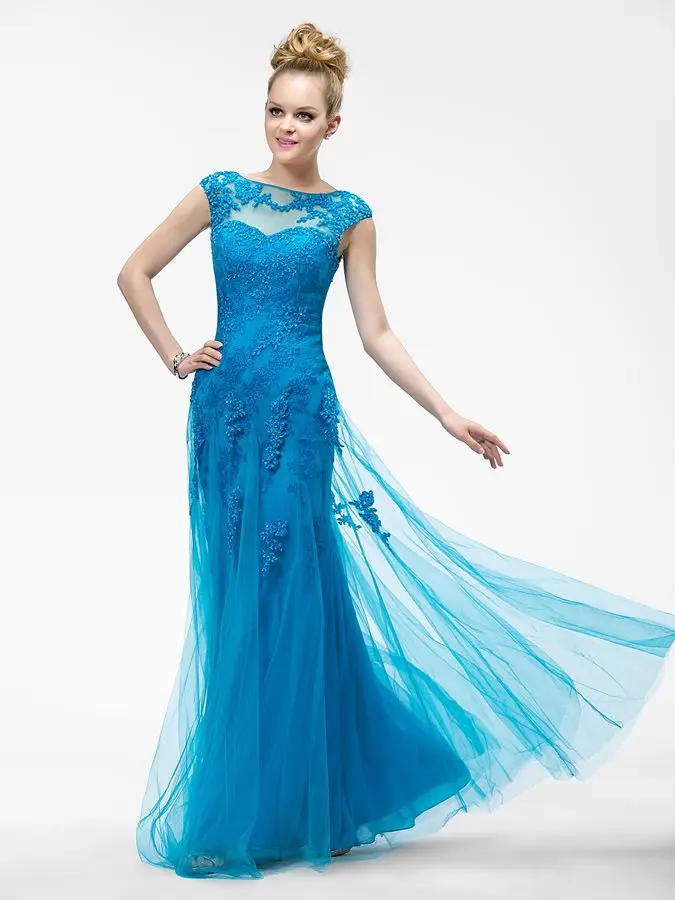 Robe De Soriee Blue Evening Formal Dresses 2021 Appliques Lace Bateau Neck Cap Sleeves Prom Party Gowns Vestidos Formales