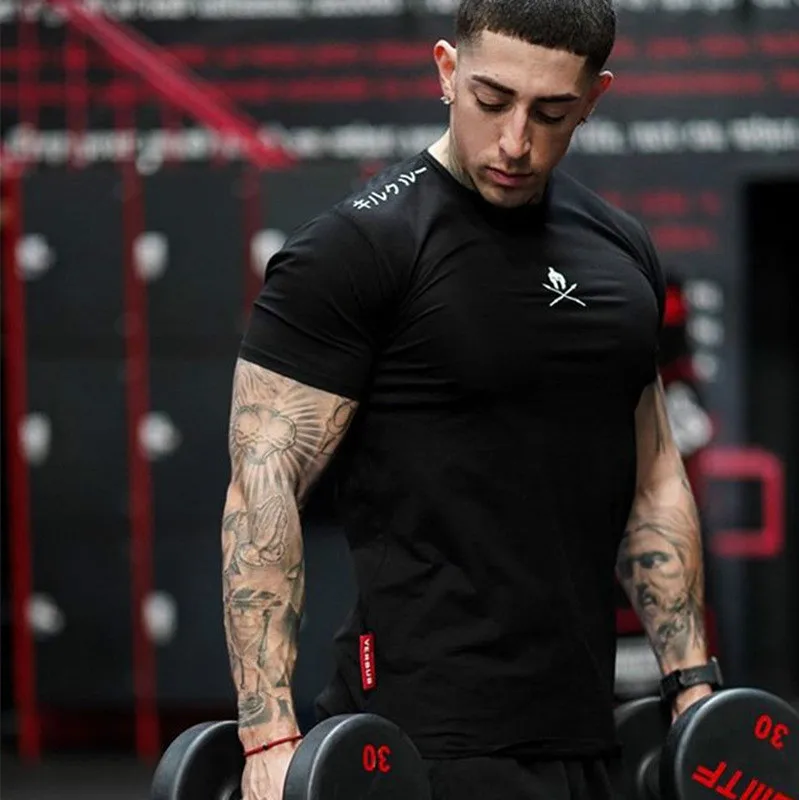 Men T Shirts Fashion Summer Bodybuilding Letter Printed Tshirt Men GYM Fitness Workout O-Neck Show Muscle