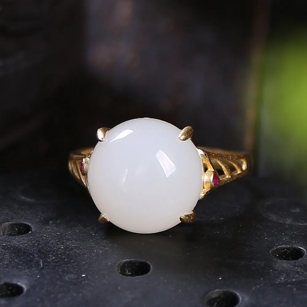 

S925 Sterling Silver Inlaid Natural Hetian Jade And White Jade Semicircle Ring, Frosted Style