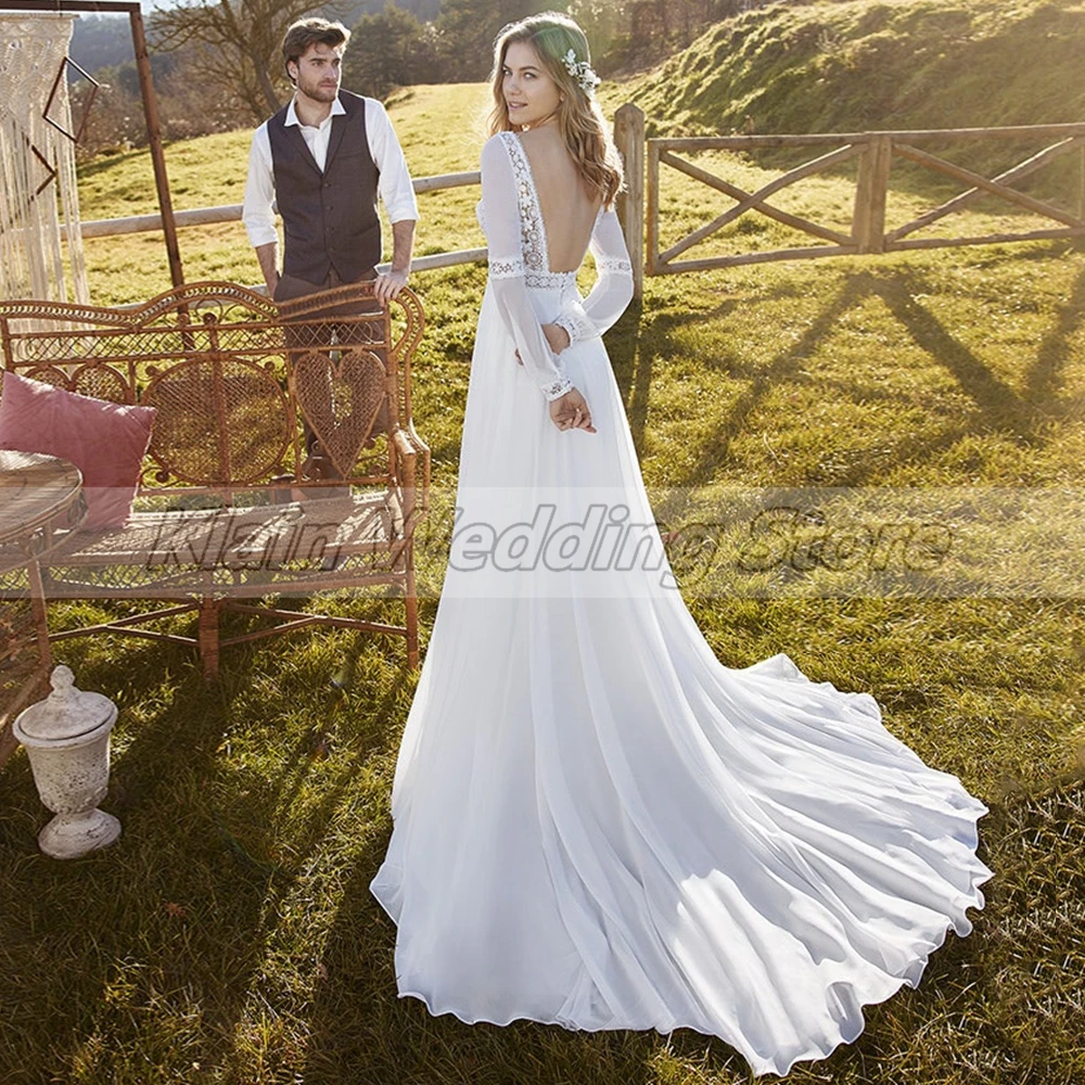 Abiti da sposa in Chiffon a-line della boemia per le donne o-collo in pizzo manica lunga corte treno Backless abiti da sposa Robe De Mariee 2023