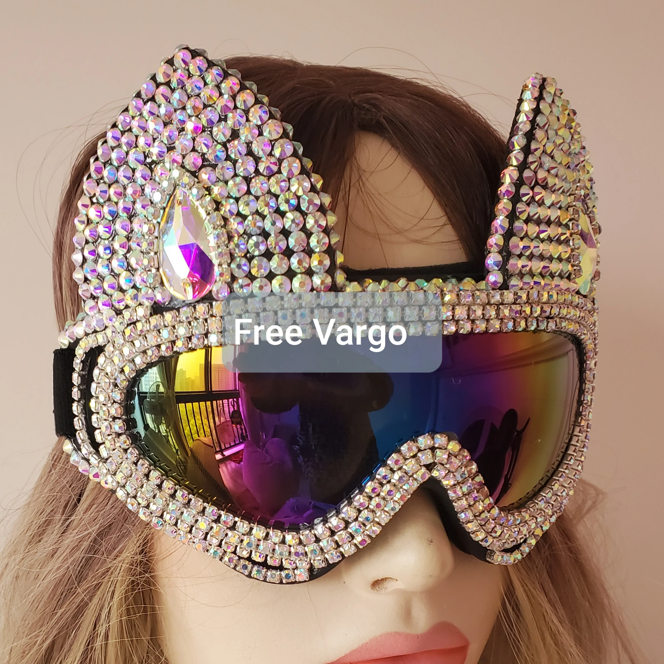 Holographic AB Rhinestone Cat Burning Man Goggle Festival Mask Costume Headpiece Cyber Goggles Stage Dj EDM EDC Rave Costume