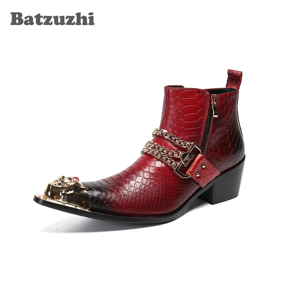 Batzuzhi 6.5cm High Heel Men's Leather Boots Ankle Zip Pointed Toe Punk Party and Wedding Boots Men Bota Masculina,Big Size US12