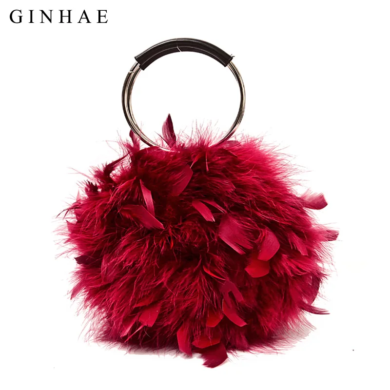 GinHae Luxury Handbag Ostrich Feather Women Circular Bag Small Chain Shoulder Crossbody Bags For Women Evening Party Clutch Bags