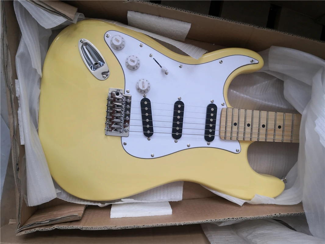 free shipping handling inventory left hand electric guitar,HHH pickups,maple neck ,chrome buttons,basswood body