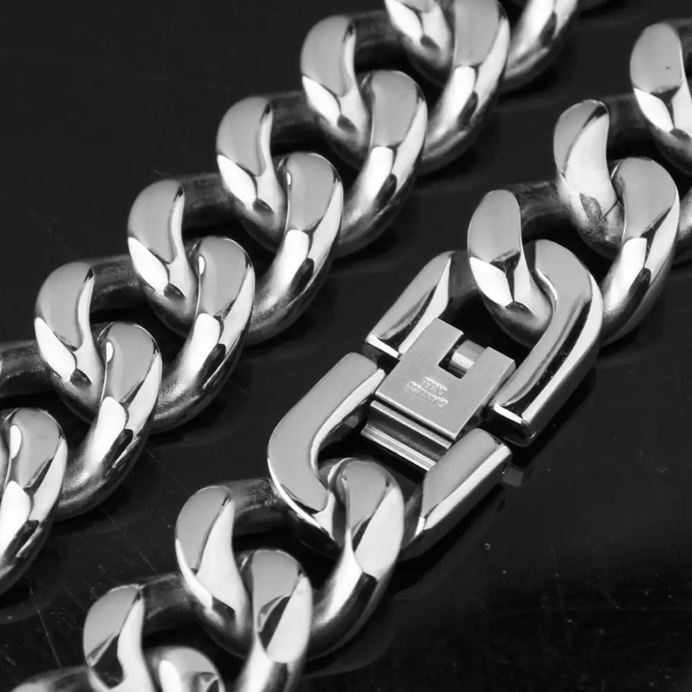 High Polishing 13/15mm Width Cool Mens 316 Stainless Steel Silver Color Cuban Link Chain Necklace Bracelet 7\