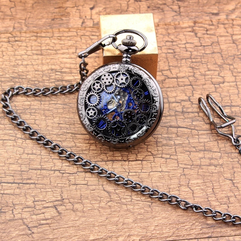 Reloj de bolsillo mecánico con números romanos para hombre, pulsera con esfera de esqueleto, reloj hueco de lujo con caja de regalo, envío directo