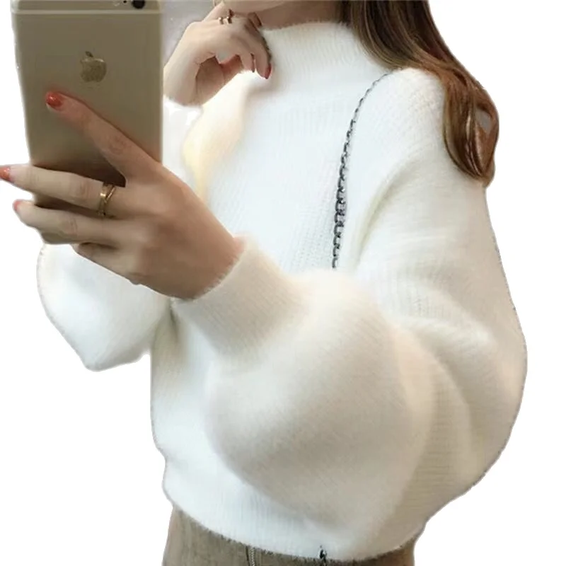 Sweater female imitation mink fur fall/winter pullover short lantern sleeve base sweater thick