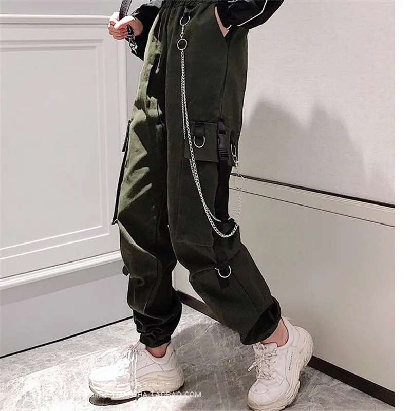 Women\'s Cargo Pants Buckle Ribbon Pocket Jogger Elastic Waist High Streetwear Harajuku Pant Punk Ring Chain Females Trousers