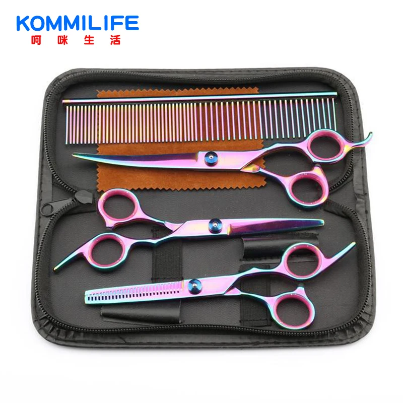 KOMMILIEF 7Inch Pet Dog Grooming Scissors Kit Stainless Steel Hairdressing Scissors Pet Cats Barber Set Cutting Scissor For Dogs