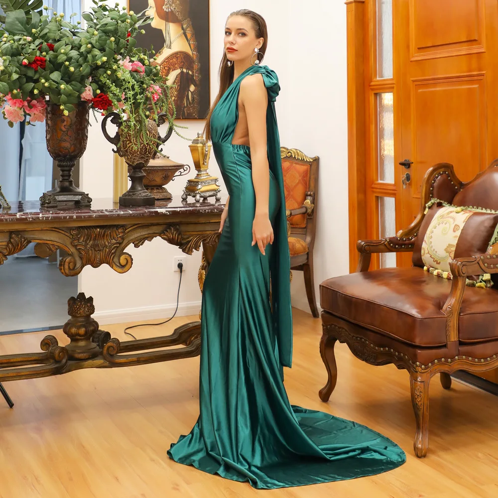 Sexy Deep V-neck Sleeveless Backless Long Maxi Dress Prom Wedding Party Dresses Women Evening Elegant Solid Satin Bodycon Dress