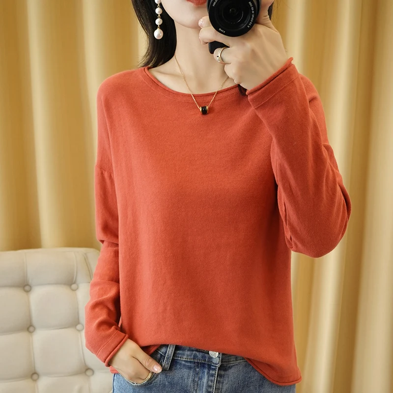 100% Cotton Women Knit Sweater Crimped Edge O-Neck Pullover Bottoming Pure Cotton Sweater Spring Autumn New Tops Clothes