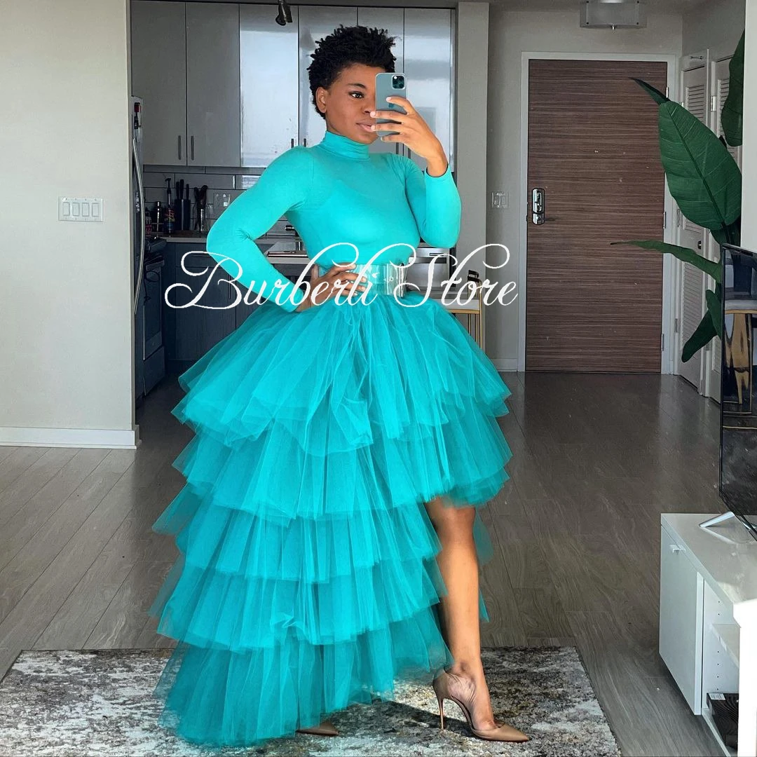 Pretty Sky Blue High Low Tulle Skirts Women Fashion Long Tulle Skirt To Party Custom Made Tutu Skirt Elastic Female Saias