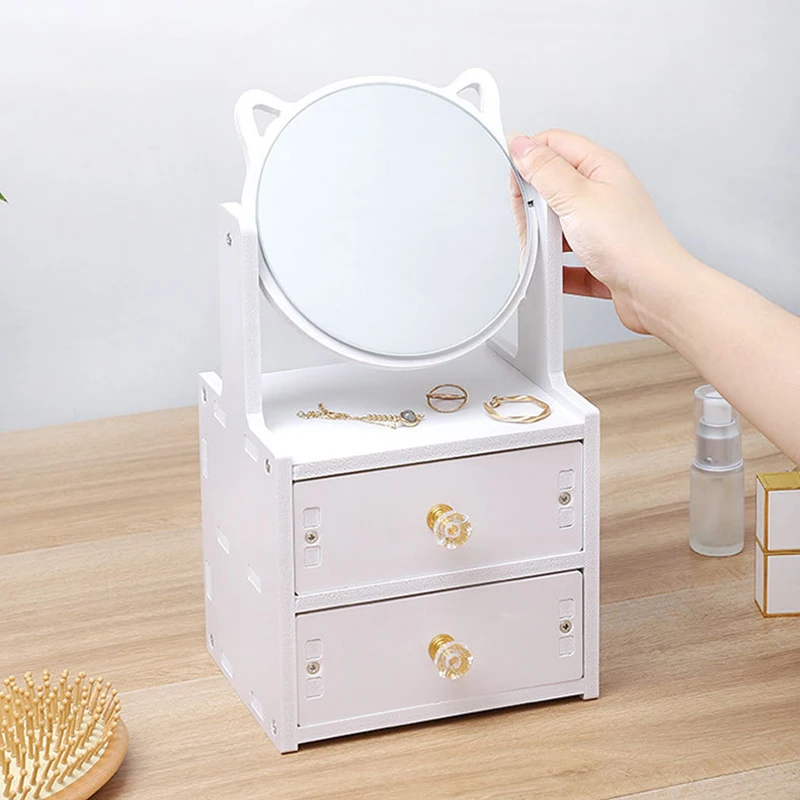 Rotate Makeup Mirror with Drawers Cosmetic Storage Box Dressing Table Jewelry Organizer Desktop Necklace Rack Rings Earring Case