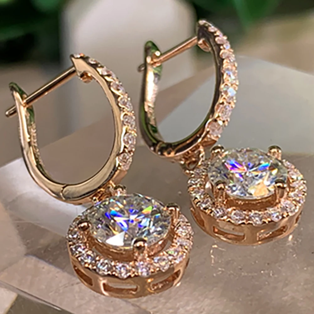 Custom Solid 18K Rose Gold Women Drop Clip Hoop Earrings U Moissanite Diamonds 1 2 4 6 Ct Round Wedding Engagement Anniversary