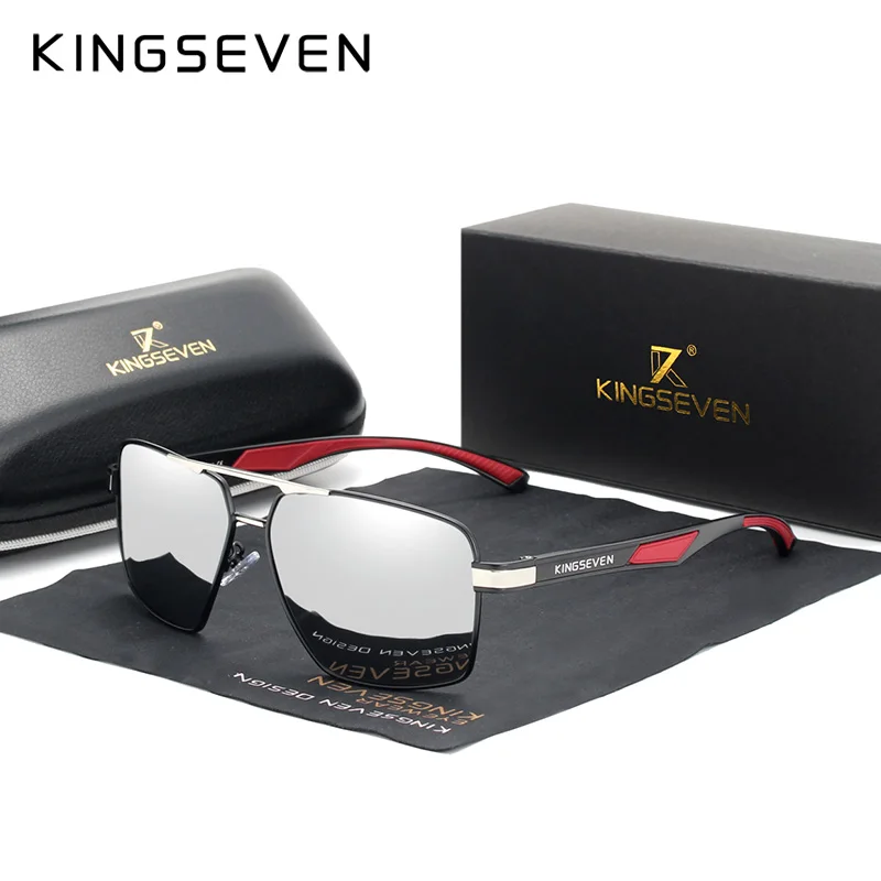 Okulary przeciwsłoneczne męskie KINGSEVEN, aluminiowe, z polaryzacją, czerwone oprawki, lustrzane szkła, powłoka antyrefleksyjna, model 7719