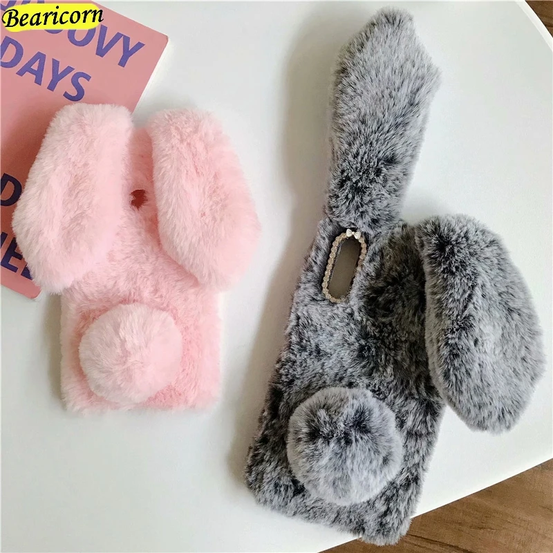 3D Soft Plush Case For Huawei Y8p Y7p Y6p Y5p Y9a Y9s Y6s Y8s Y5 Y6 Y7 Y9 Pro Prime 2017 2018 2019 Furry Rabbit Bunny Fur Cover