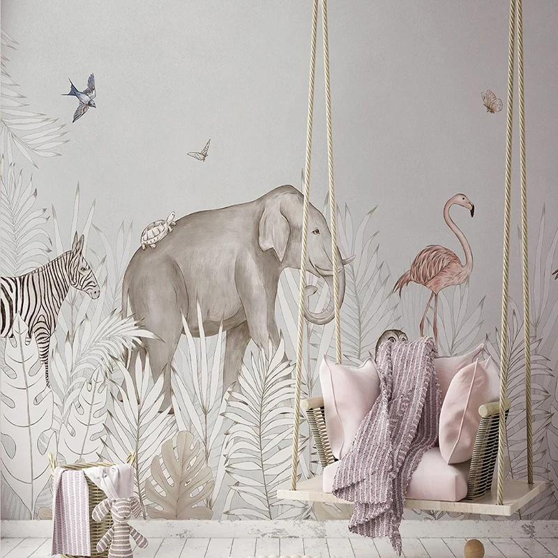 Custom Self-Adhesive Mural Wallpaper Modern Ins Plant Elephant 3D Cartoon Children's Bedroom Background Wall Sticker Decor