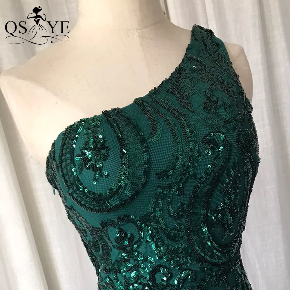 Une épaule émeraude robes de soirée vert paillettes longue sirène robe de bal paillettes robe de soirée élégante motif dentelle robe formelle