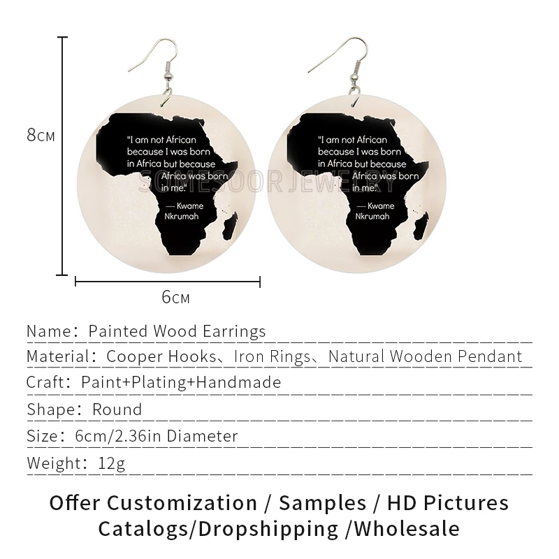 SOMESOOR Africa Born in me Black Sayings Wooden Drop Earrings African Map Designs Printed Wood Dangle Jewelry For Women Gifts