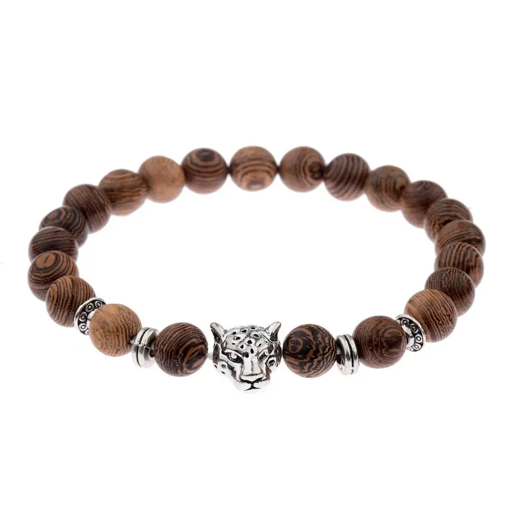 8mm Wenge Wood Beaded Bracelet Mala Bracelet Leopard Head Bracelet Bangle Fashion Jewelry