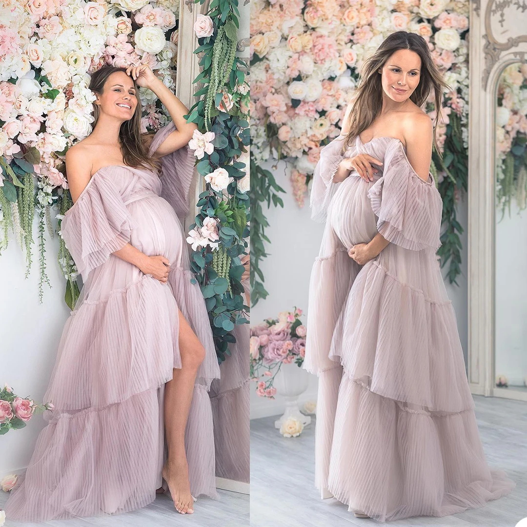 

Luxury Customised Ruffles Maternity Dresses Off Shoulder Tulle Gown for Photoshoot Elegant Lingerie Robe Bathrobe Nightwear