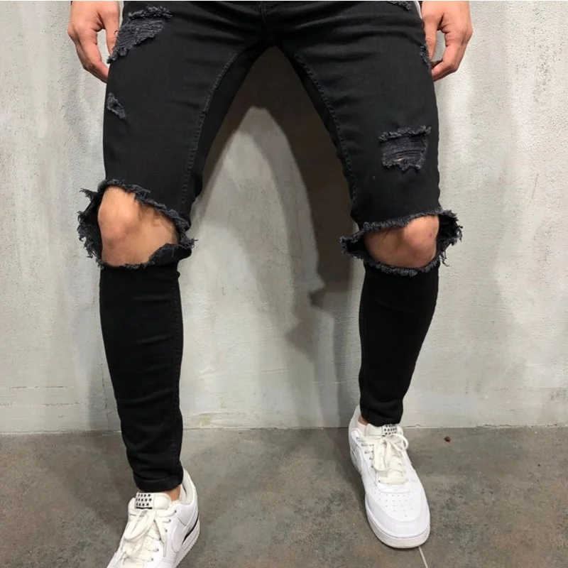 

2021 Spring Autumn Men Jeans Hole High Waist Straight Zipper Elastic Jeans Streetwear Simple All-match Fashion Casual Trousers