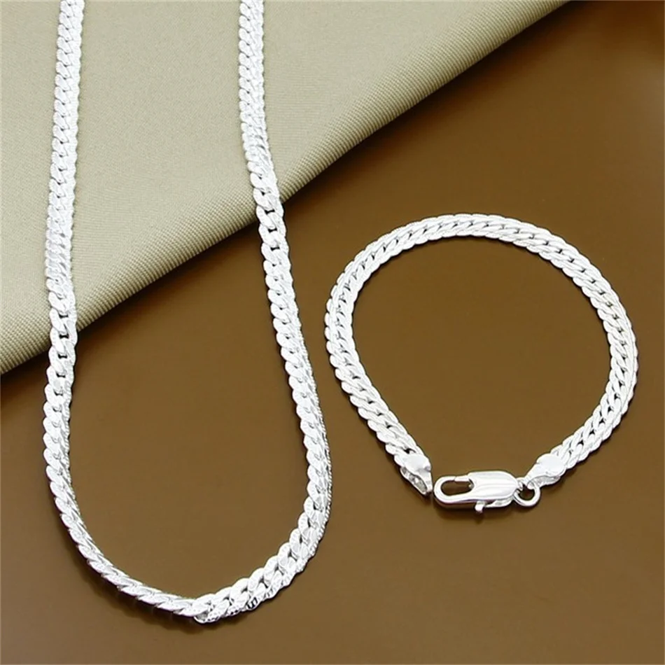 Fine Jewelry Set 925 Sterling Silver Sideways Snake Chain Bracelet Necklace Sets For Women Men Fashion Charm Jewelry Gift