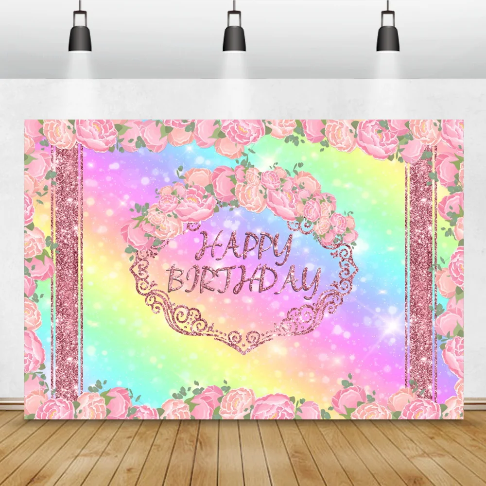 Rianbow Pink Flowers Child Birthday Party Photo Background Shiny Light Bokeh Baby Shower Portrait Custom Photography Backdrop