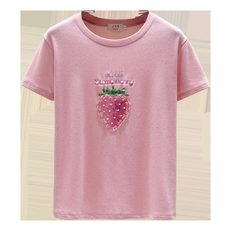 

summer Strawberry Printed Short-sleeved Ice Silk Ladies T-shirt Version Of Loose Heavy Industry Beaded Sequins Women Tees Tops