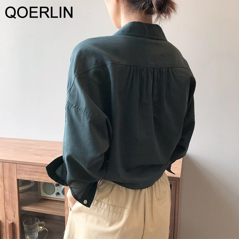 QOERLIN New Retro Loose Fashion Lace Up Shirt Rolled Half Sleeve Blouse Lyocell Fabric Polo Collar Button Down OL Style Workwear