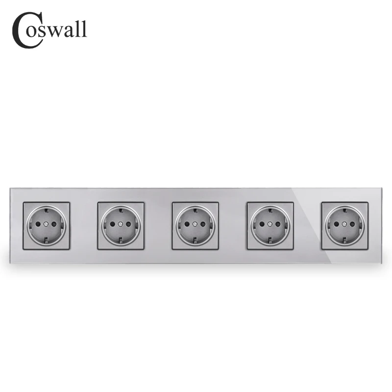 COSWALL Wall Crystal Glass Panel 5 Gang Power Socket Grounded 16A EU Standard Quintuple Outlet With Children Protection Door