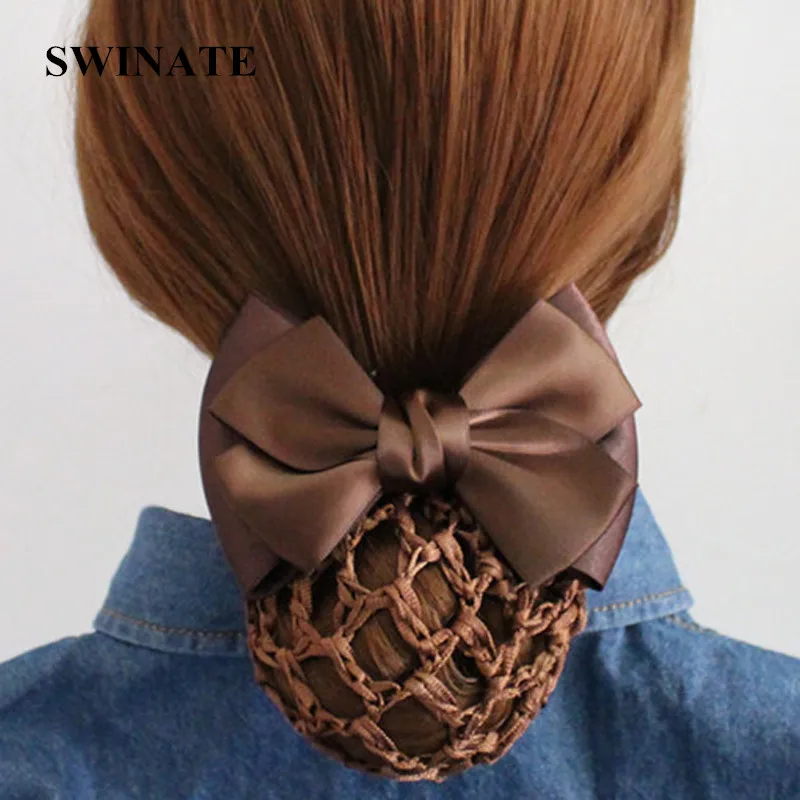 New Arrival Women Handmade Double Bow Barrtte Hair Bun Hair Clips Hair Accessories Cover Snood Net Satin Ribbon Hair Barrette