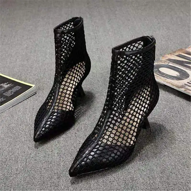 Europea Style Women Mesh Shoes,Booties,Sexy Hollow out Sandals Boots,Summer Heels,Pointed toe,Back Zip,Black,Apricot,Dropship