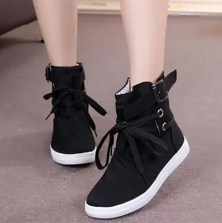 Black Gray Round Toe Platform High-top Canvas Buckle Shoes Woman Lace Up boots Student Flat Ankle Boots Botas Mujer 896p