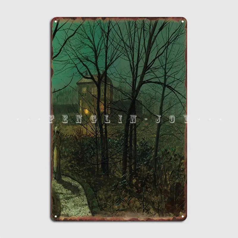 Woman On A Path By A Cottage-John Atkinson Grimshaw Metal Sign Wall Cave Pub Garage Customize Plaques Tin Sign Poster