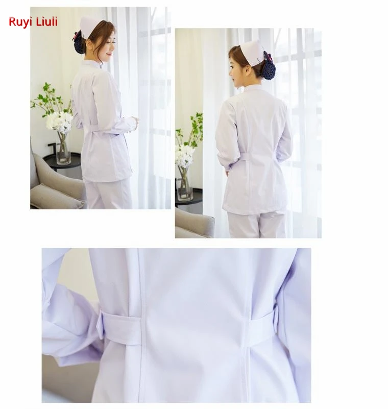 Nurses wear a white suit with long sleeves, short collar and short neck, doctor\'s white coat work clothes female